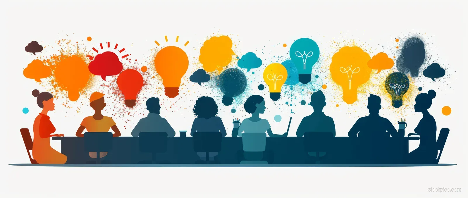 Silhouetted group of diverse people at laptops during a meeting with colorful paint-like lightbulb bursts in the background.