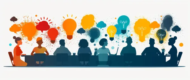 Diverse people brainstorming around laptops with colorful lightbulb paint splashes in vector meeting scene