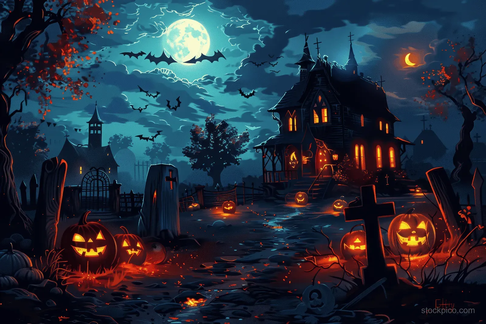 A haunted house glows at night beneath a full moon with jack-o-lanterns, tombstones, and bats flying in the dark sky.