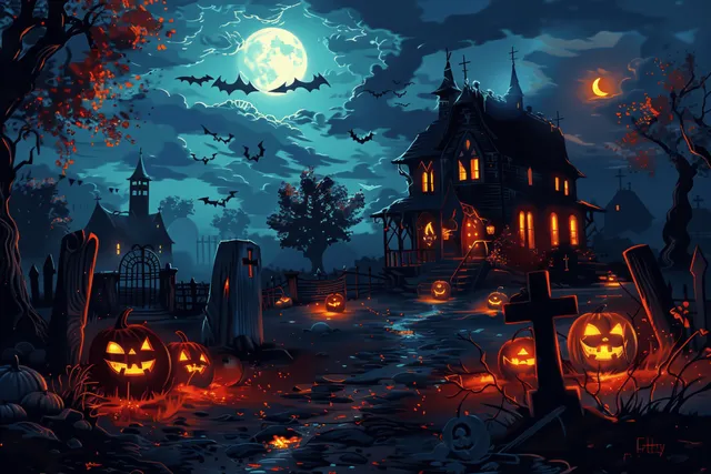 A haunted house glows at night beneath a full moon with jack-o-lanterns, tombstones, and bats flying in the dark sky.