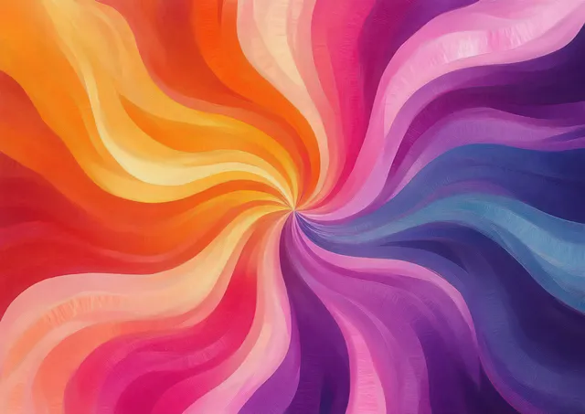 Fundo abstrato de redemoinho radial com ondas laranja e rosa quentes mescladas a tons frios de azul e roxo.