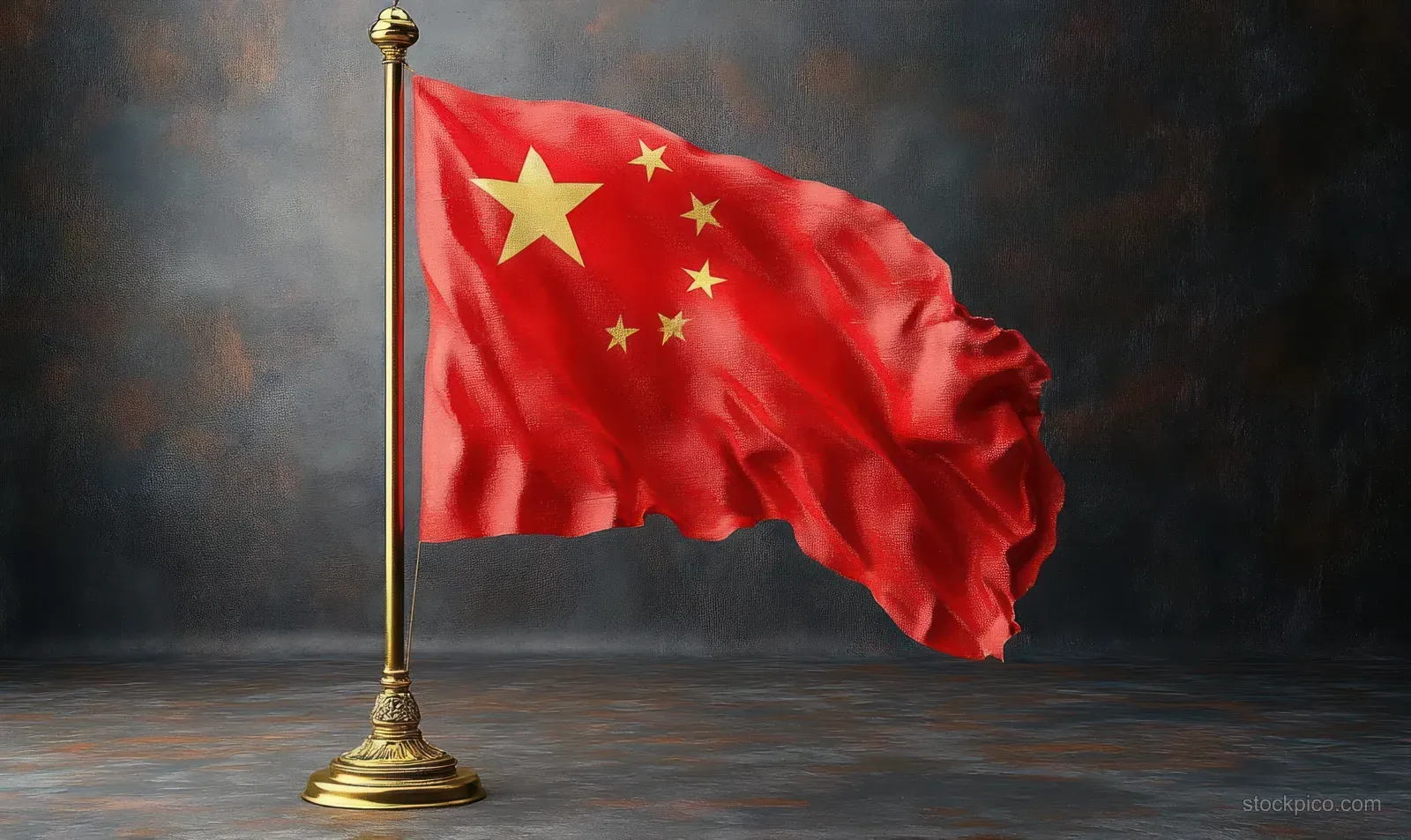 A red flag with yellow stars waves on a brass stand against a dark textured background.