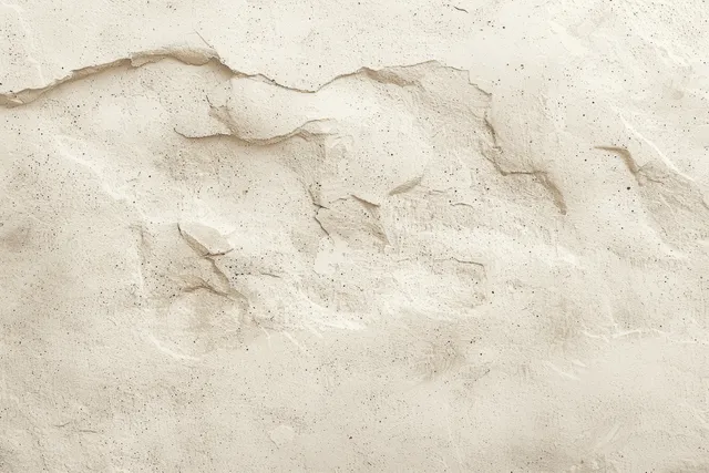 Cream beige weathered concrete wall showing cracked plaster texture and faint stains in a tight close-up.