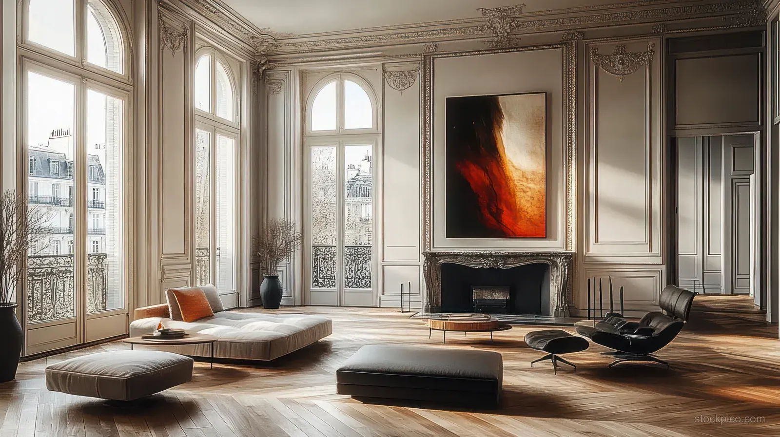 Bright living room with arched windows, ornate wall moldings, lounge chairs, a fireplace, and a bold abstract painting.
