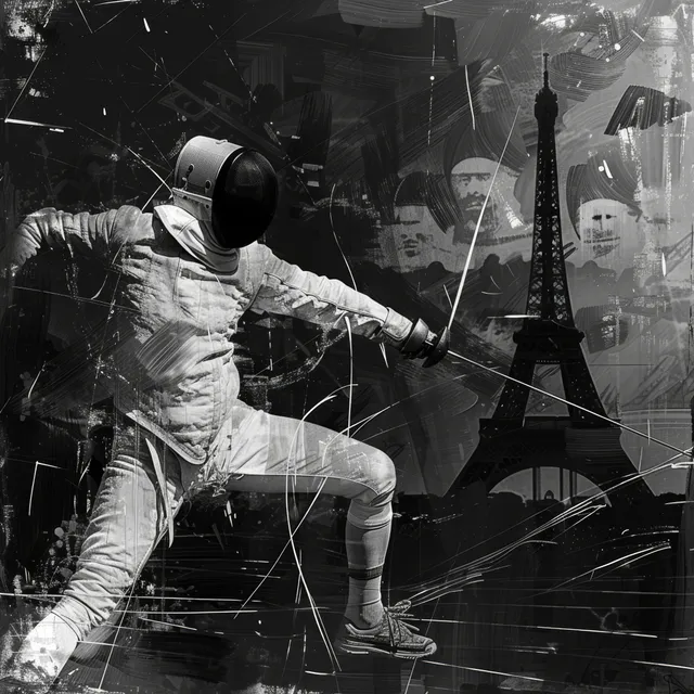 Fencer in white fencing kit lunges forward before Eiffel Tower in dramatic black-and-white