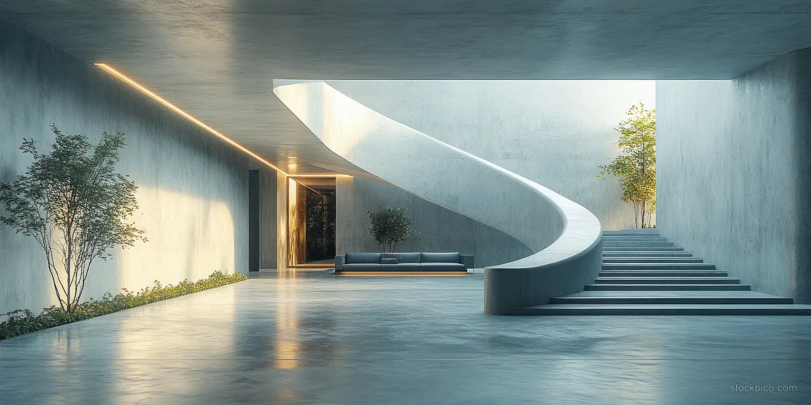 Empty concrete interior space with overhead fluorescent lights casting sharp shadows on the floor.