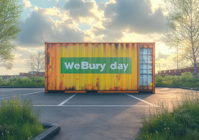 Rusty orange shipping container with graffiti text stands in an empty overgrown lot under a cloudy sunset sky.