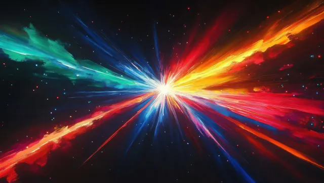 Multicolored light beams radiate from a glowing white core in a dark starry cosmic space.