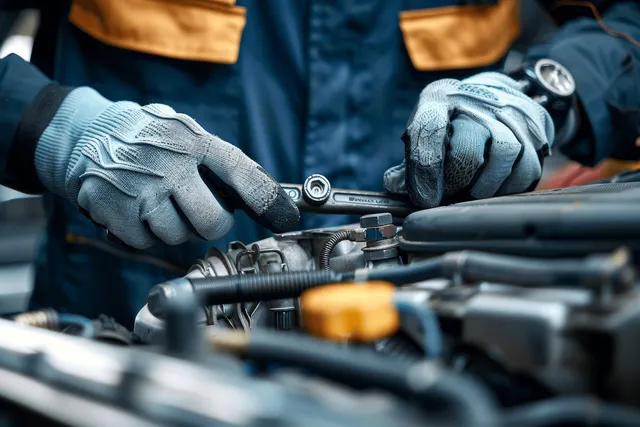 Gloved hands tighten an engine component with a wrench in an open-hood service center workshop.