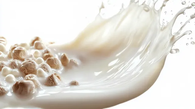 Curved milk splash wave with small droplets frozen in midair against a white background.