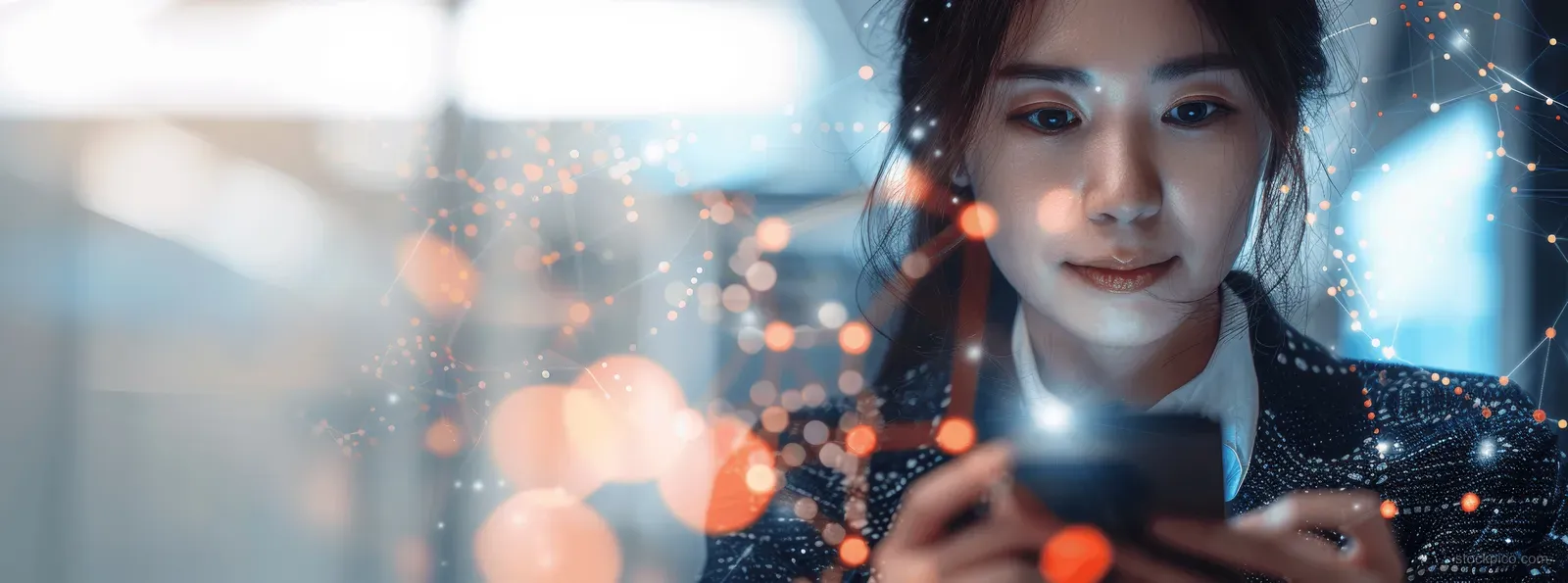 A businessman works on a laptop and checks a smartphone while AI network graphics glow over the office.