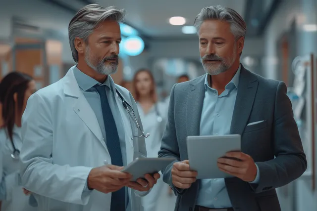A doctor and a CEO review a tablet presentation in a hospital corridor while conversing.