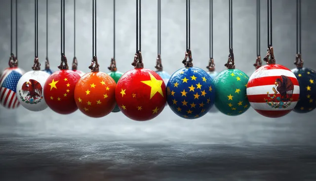 Newton’s cradle balls with national flags suspended on metal hooks, showing motion and balance