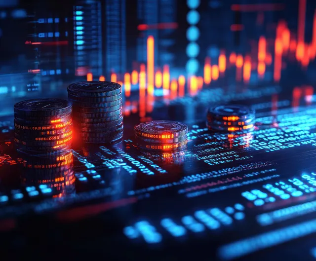 Stacked coins beside glowing financial data grid in a cyberpunk market scene