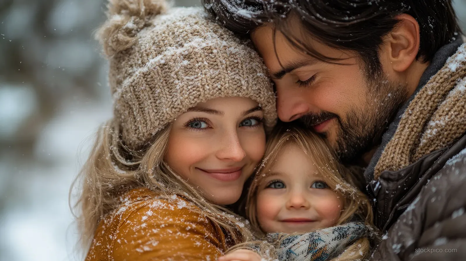 A family hugs closely in snowy forest while bundled in knit hats and scarves under soft winter light.