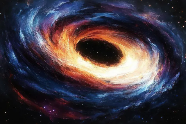 Colorful nebula clouds swirl around a glowing black center like a cosmic vortex in deep space.