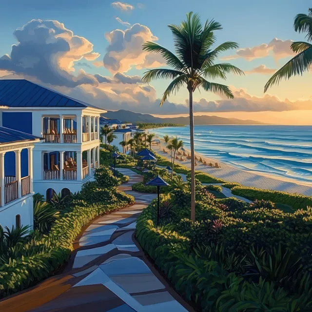 Tropical Beachside Walkway at Sunset with Palm Trees and White Building
