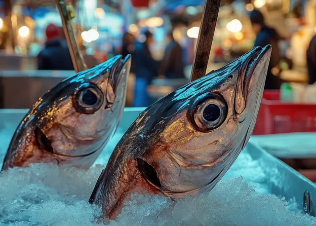 Two fresh fish heads lie on crushed ice at a seafood market stall as background shoppers blur behind them.