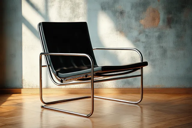 Black leather lounge chair with shiny chrome frame on a parquet floor with sunlight shadows on a textured wall.