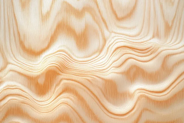 Primer plano de una superficie de madera beige clara con líneas de veta onduladas y vetas más oscuras y fluidas.