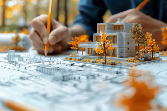 Architect sketching over blueprints beside a miniature modern house model with autumn foliage in the foreground.