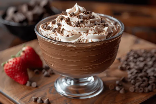 Chocolate mousse topped with whipped cream in a glass bowl on a wooden table with strawberries and cocoa bits.