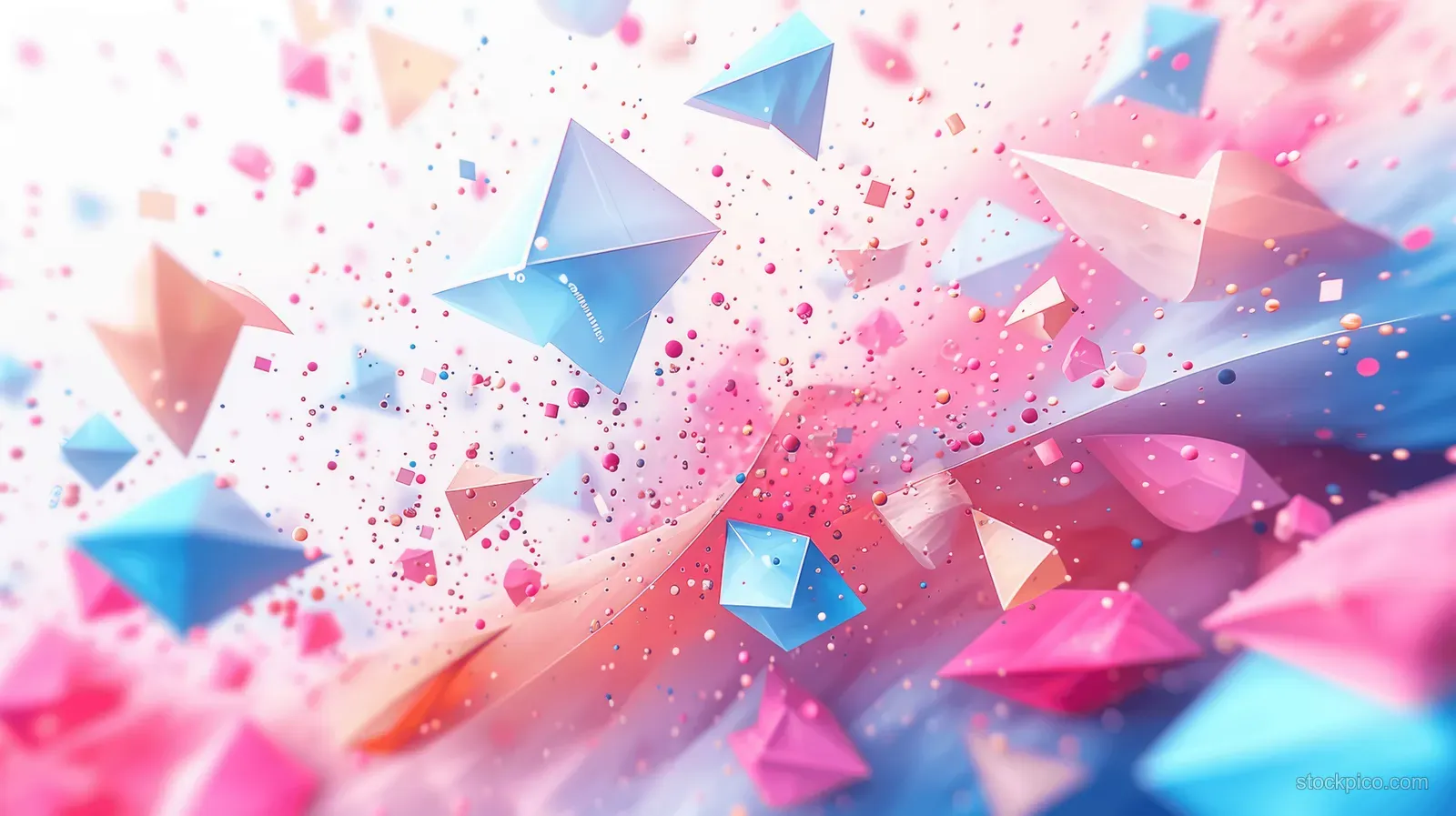 Pastel 3D cubes and paper planes float above a soft blurred banner background with light pink and blue tones.