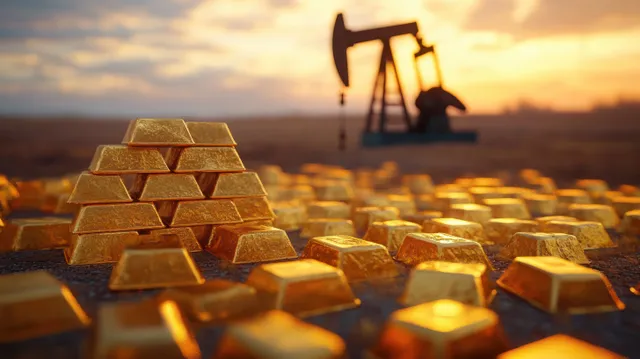 Stacked gold bars and scattered gold bullion lie on the ground with a blurred oil pumpjack at sunset.