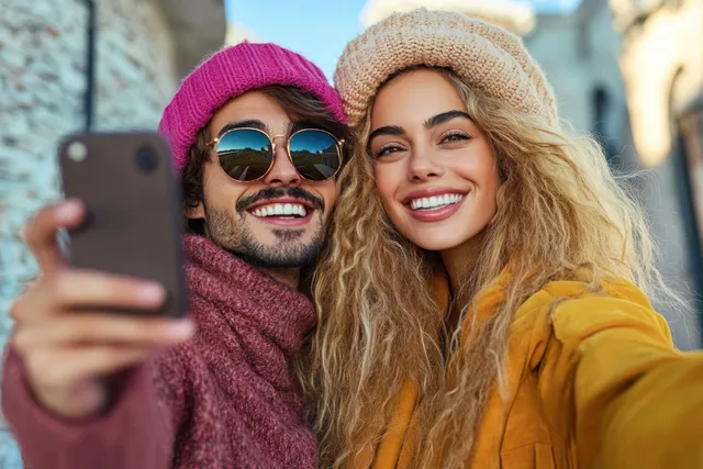 Two friends in winter coats taking a selfie on a city street with warm bokeh light