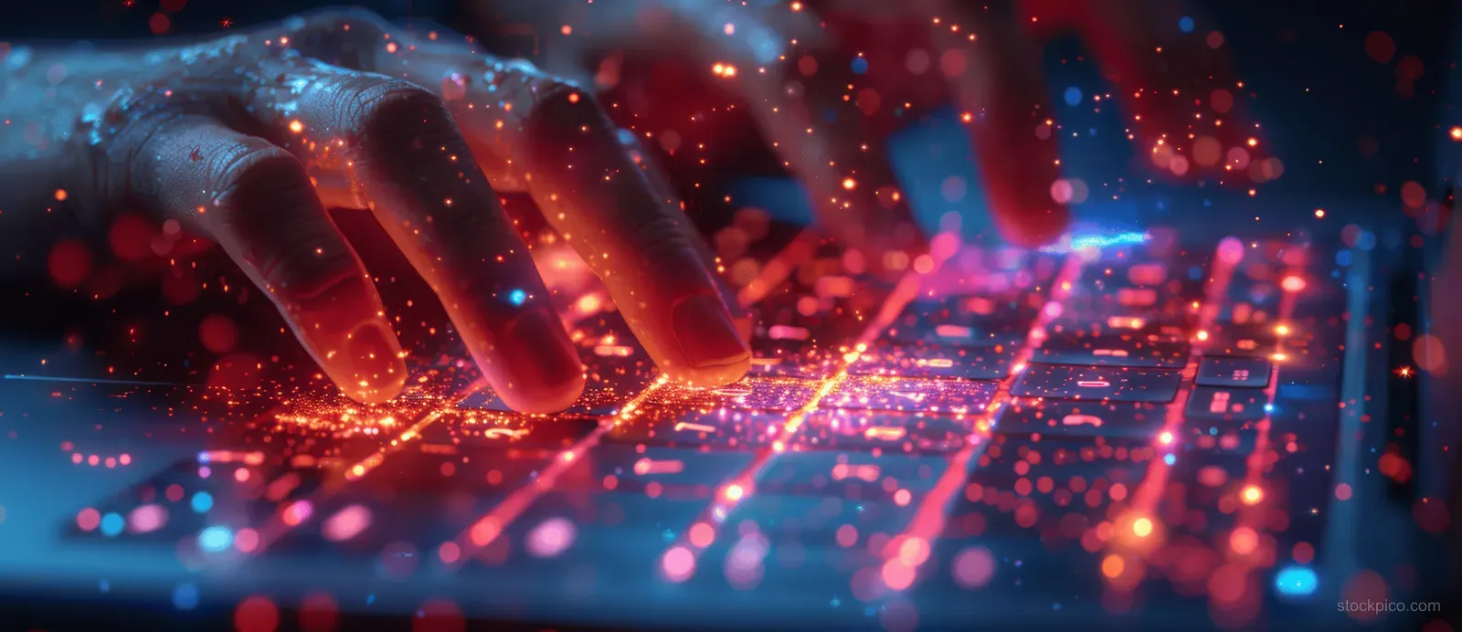 A businessman types on a laptop while a glowing holographic CRM contact card and AI support interface float nearby.