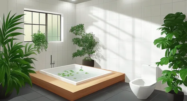 Sunlit bathroom with square soaking tub, potted plants, and tiled walls