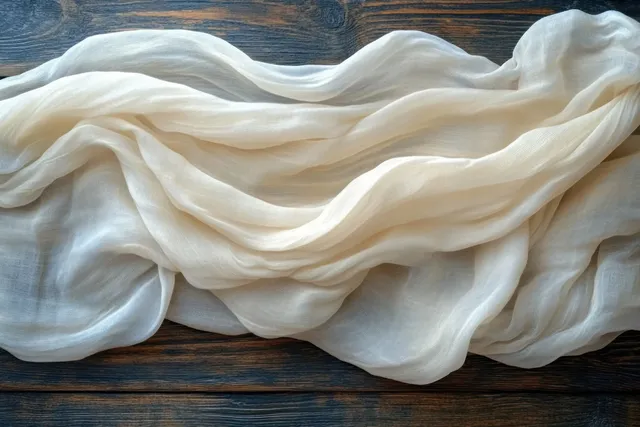 Folded white bandana cloth with visible wrinkles lies across dark wooden planks in a minimalist scene.