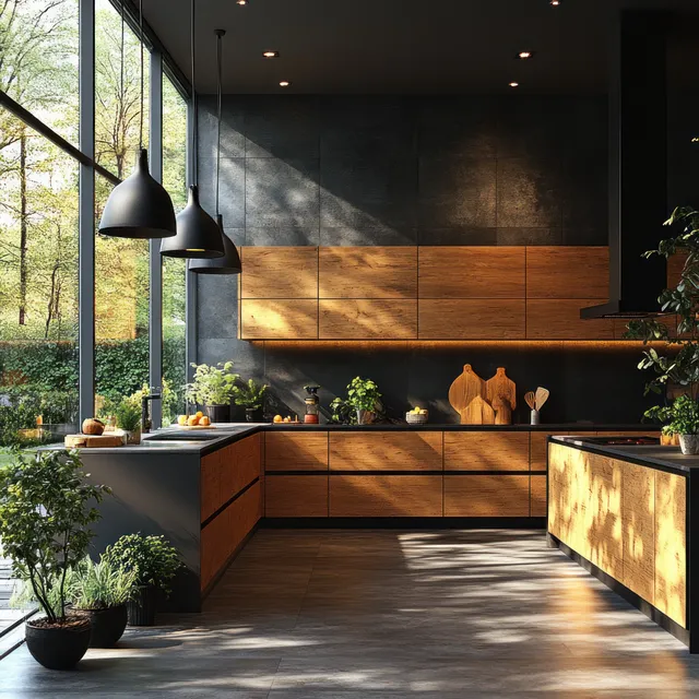 A modern minimalist kitchen showcases warm wooden cabinetry, black accents, and large windows with inviting soft lighting.