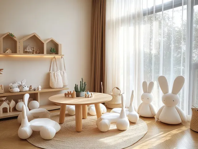 Sunlit Scandinavian children’s playroom with bunny chairs, round table, and shelves with toys.