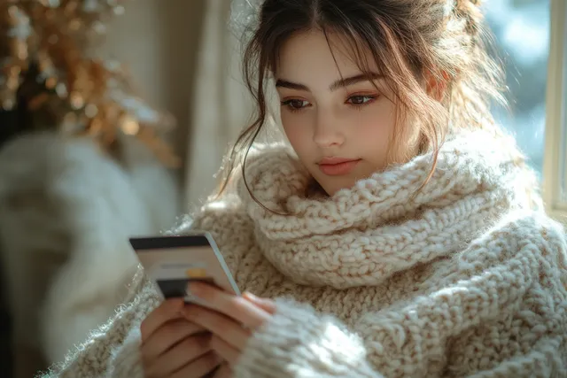 Woman in a knitted sweater holds a credit card and uses a smartphone for online payment near a window indoors.