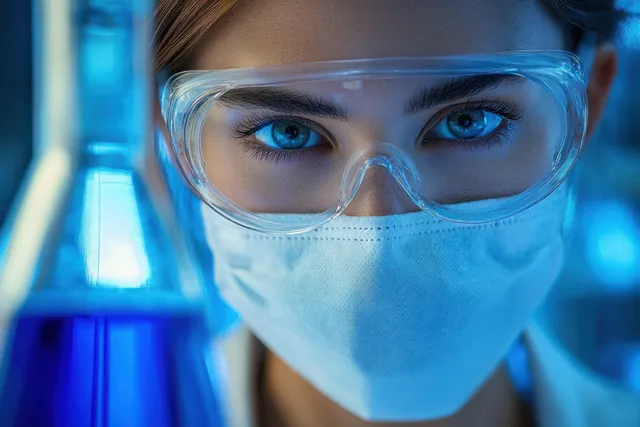 Close-up of a masked scientist wearing clear protective goggles beside blue laboratory glassware.