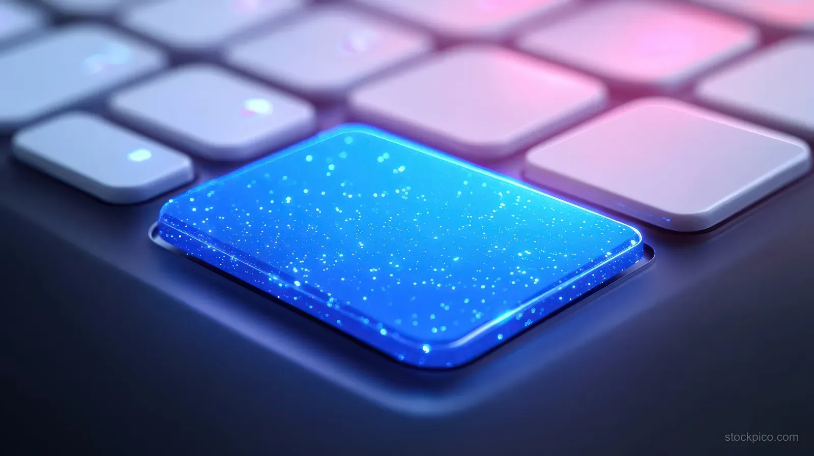 A glowing blue key icon rests on a modern keyboard with softly lit, blurred keys in the background.