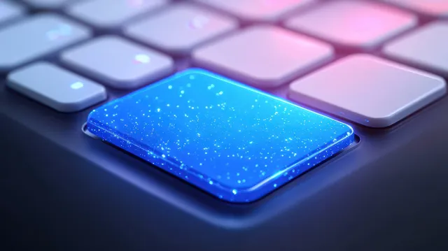 Glowing blue key icon illuminated on keyboard with soft rim light and blur