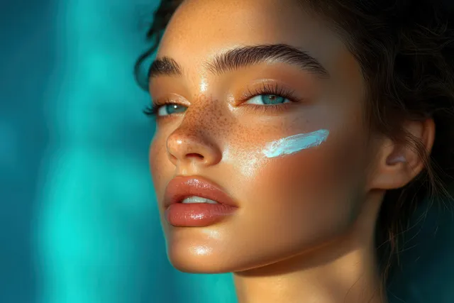 Freckled woman applies white moisturizer to her cheek in a close-up portrait against a turquoise background.