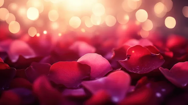 Red rose petals scattered with warm golden bokeh lights glowing in the blurred background.