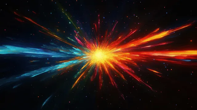 A colorful cosmic explosion sends glowing red, orange, yellow, and blue light rays outward across a dark space background.