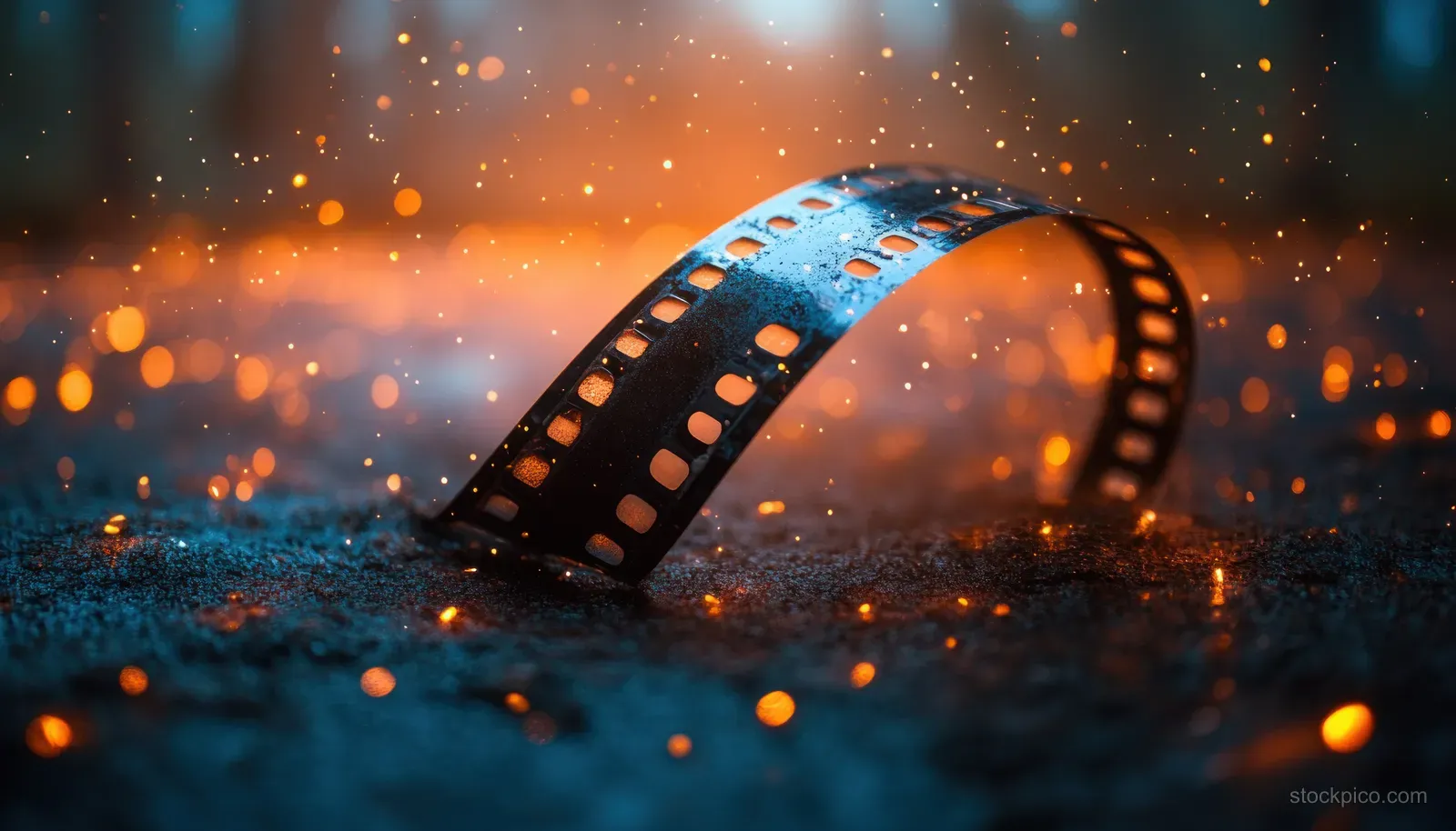 A curled vintage film strip texture with grain, dust, and scratches, glowing with an orange light leak.