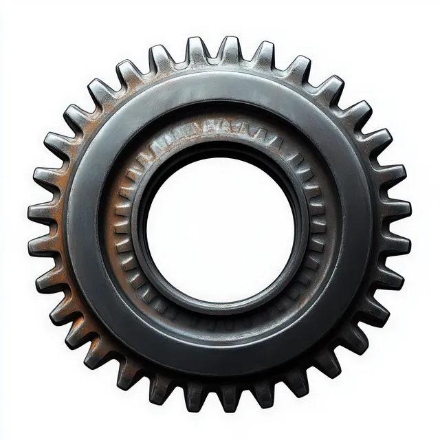 Metal gear close-up on white background, hollow center and evenly spaced teeth with rust texture