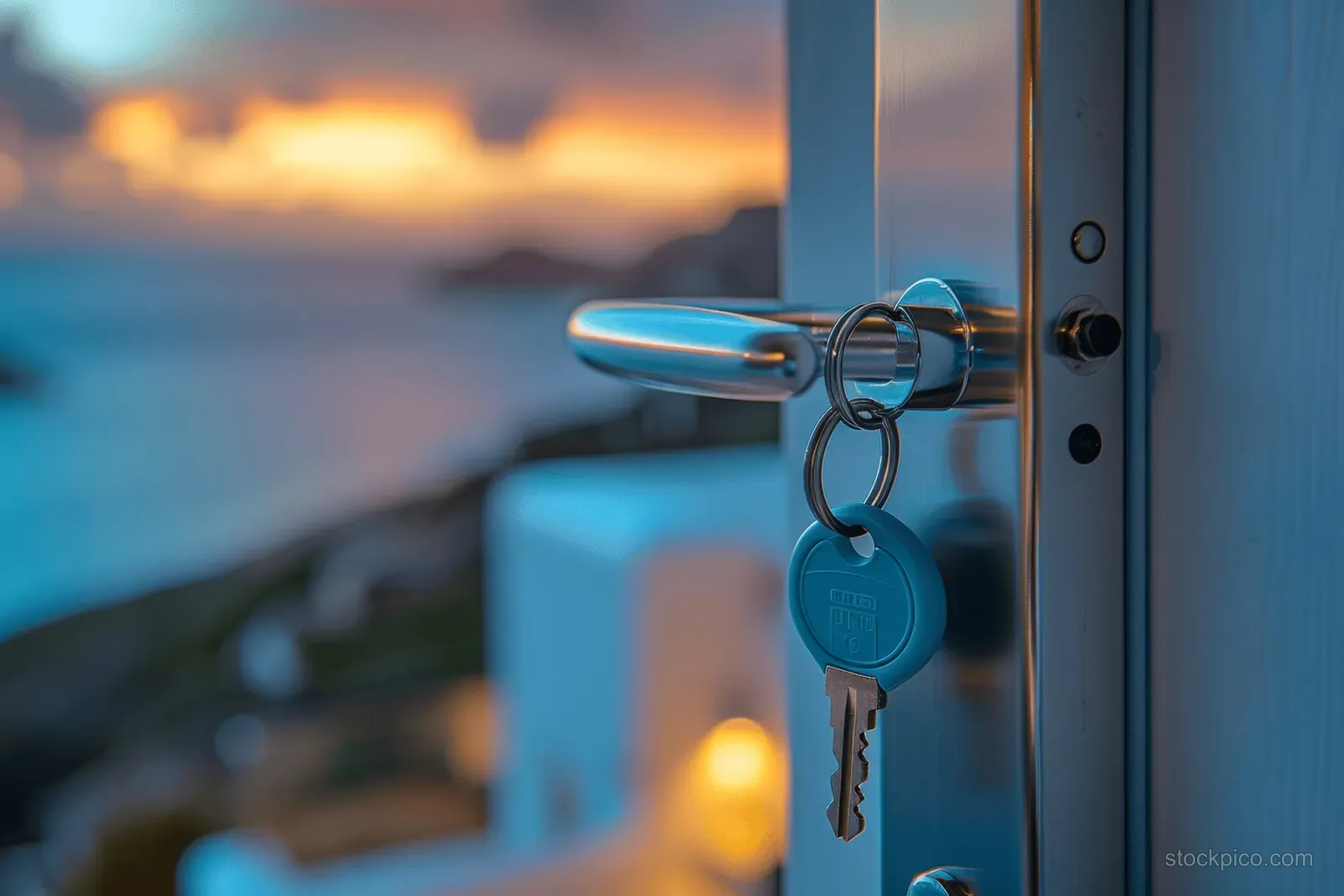 Keys hang from an open apartment door with an ocean sunset visible through the balcony glass.