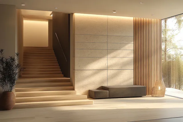 Warm-lit minimalist entrance hallway with wooden staircase, stone bench, and daylight streaming through large windows.