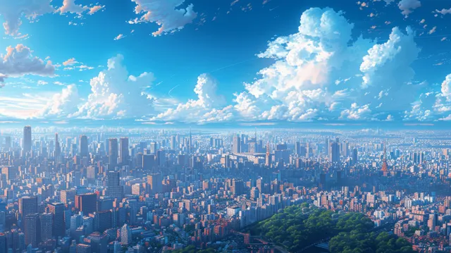 Anime-inspired Tokyo skyline featuring skyscrapers against a vivid blue sky and fluffy clouds, perfect for a modern cityscape.