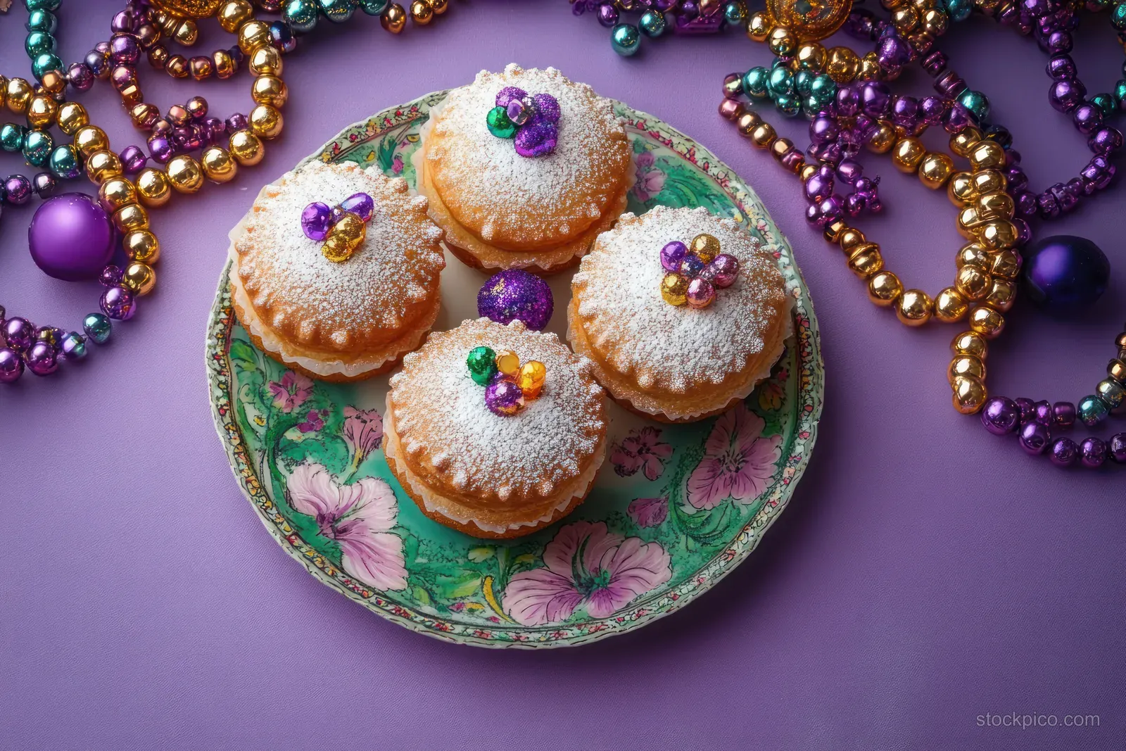 Powdered sugar sandwich cupcakes on a floral plate surrounded by colorful Mardi Gras beads on a purple background.
