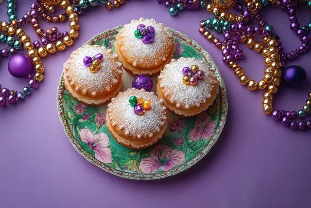 Powdered sugar sandwich cupcakes on a floral plate surrounded by colorful Mardi Gras beads on a purple background.