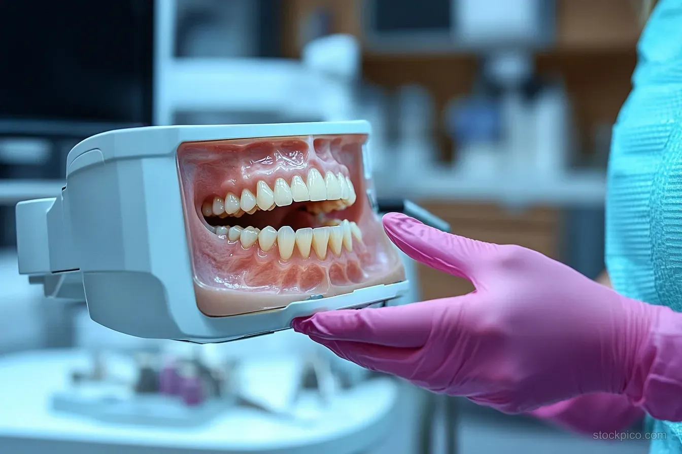 A pink-gloved hand holds a dental model with visible upper and lower teeth in a dentist clinic setting.