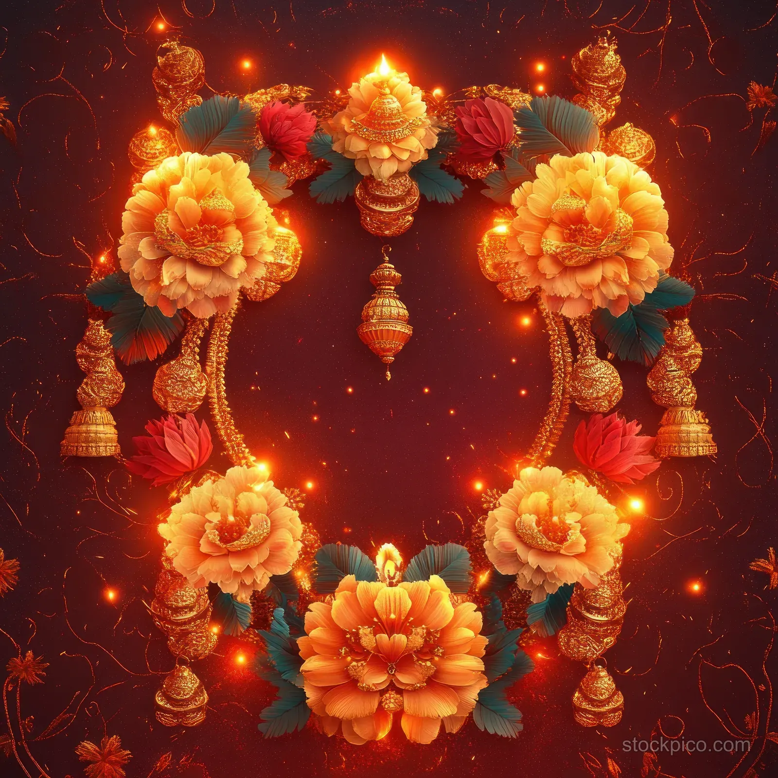 Floral garland and golden bow-and-arrow motif with aptra leaves arranged around a lit diya on a red mandala background.
